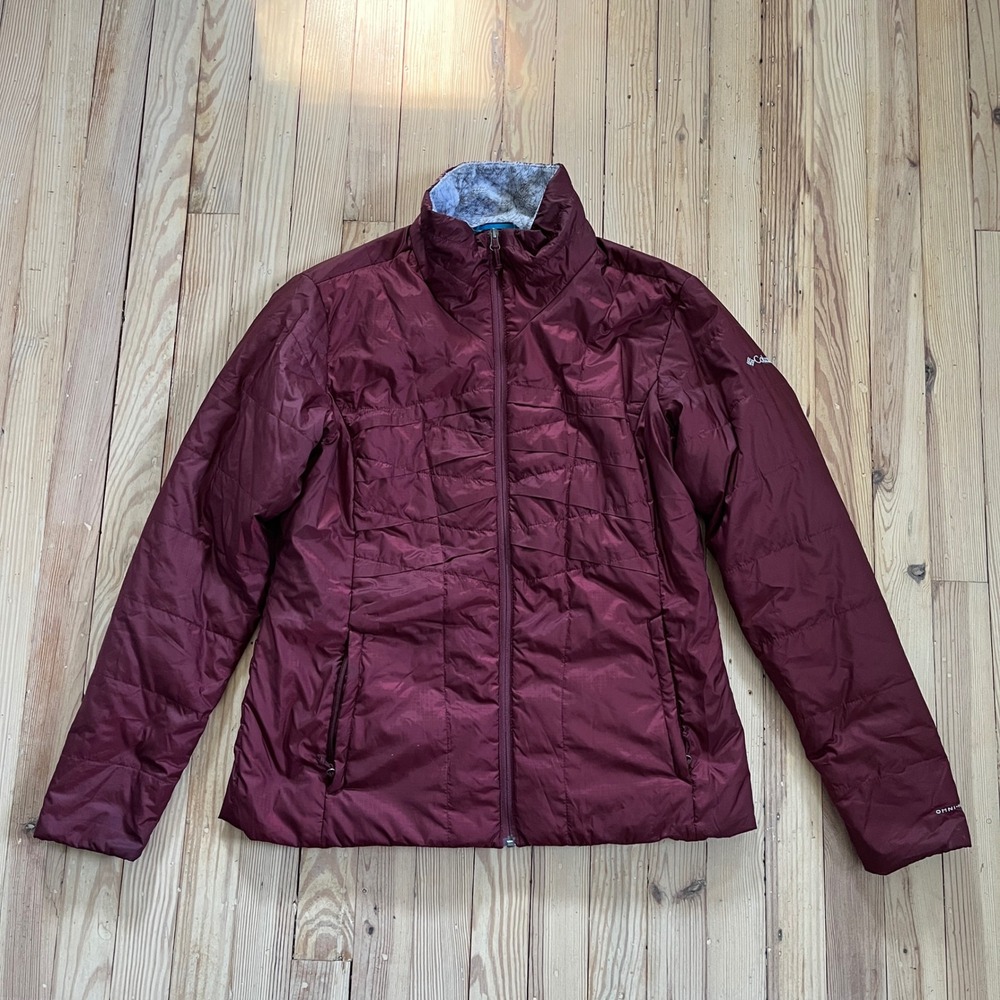 Columbia Puffer Jacket Womens XL Burgundy Omni-Heat Faux Fur Trim Full Zip